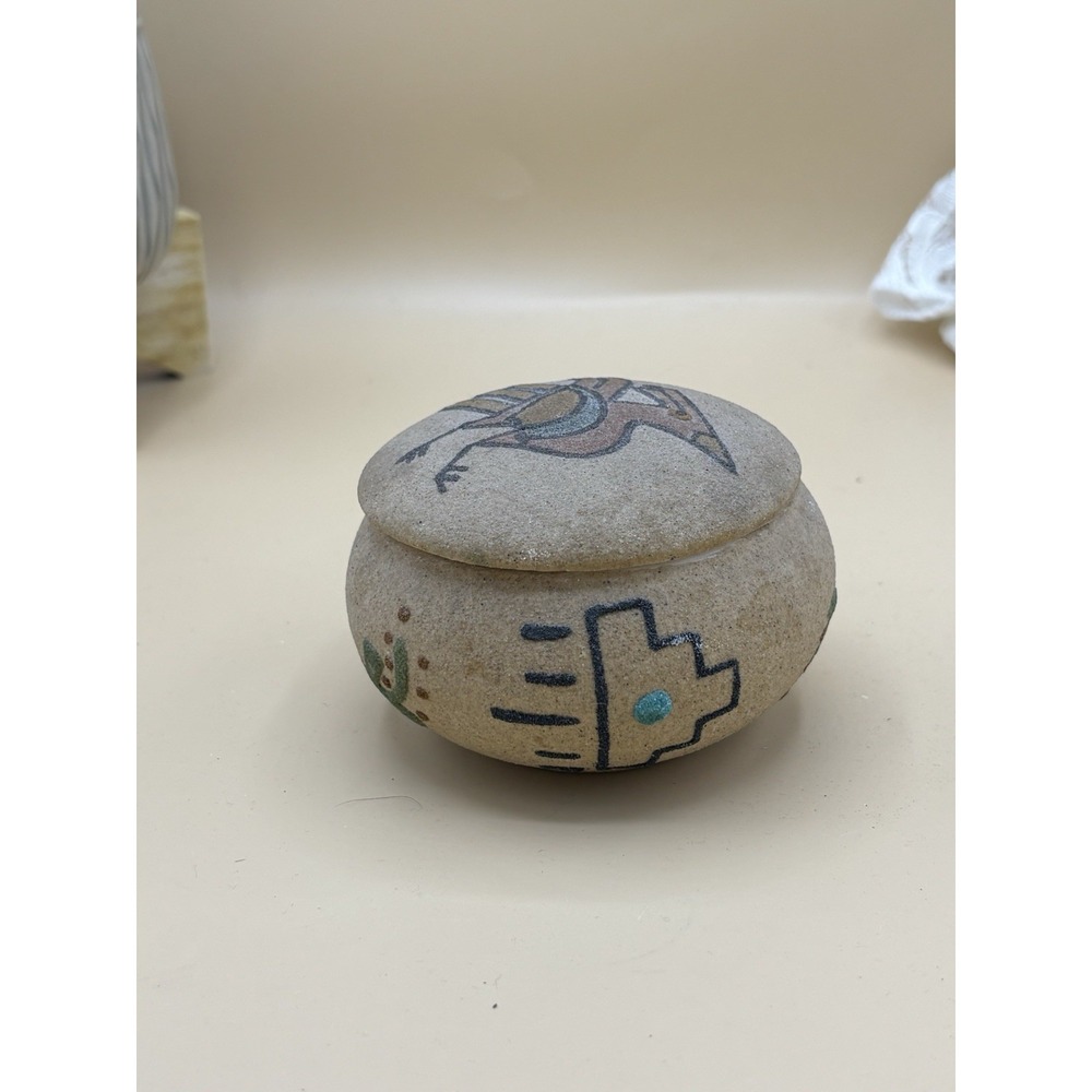 Vintage 1985 Signed H. Brown Navajo Sand Painting Pottery Lidded Trinket Box